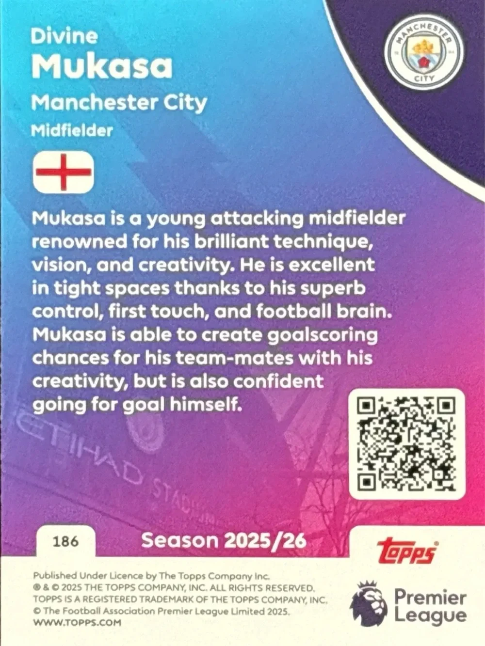 Topps Manchester City Divine Mukasa Rookie Soccer Card